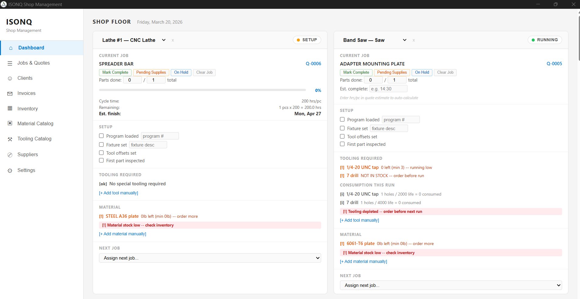 ISONQ machine dashboard