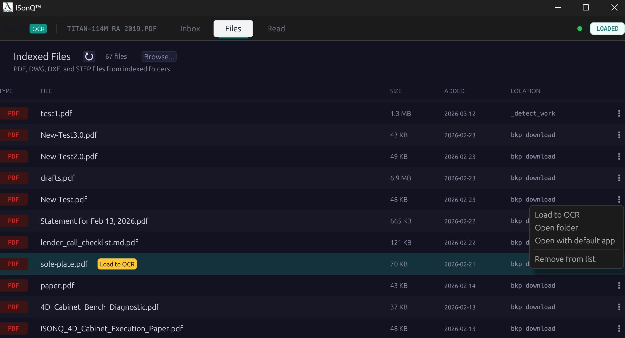 2D Workspace — Indexed Files with context menu