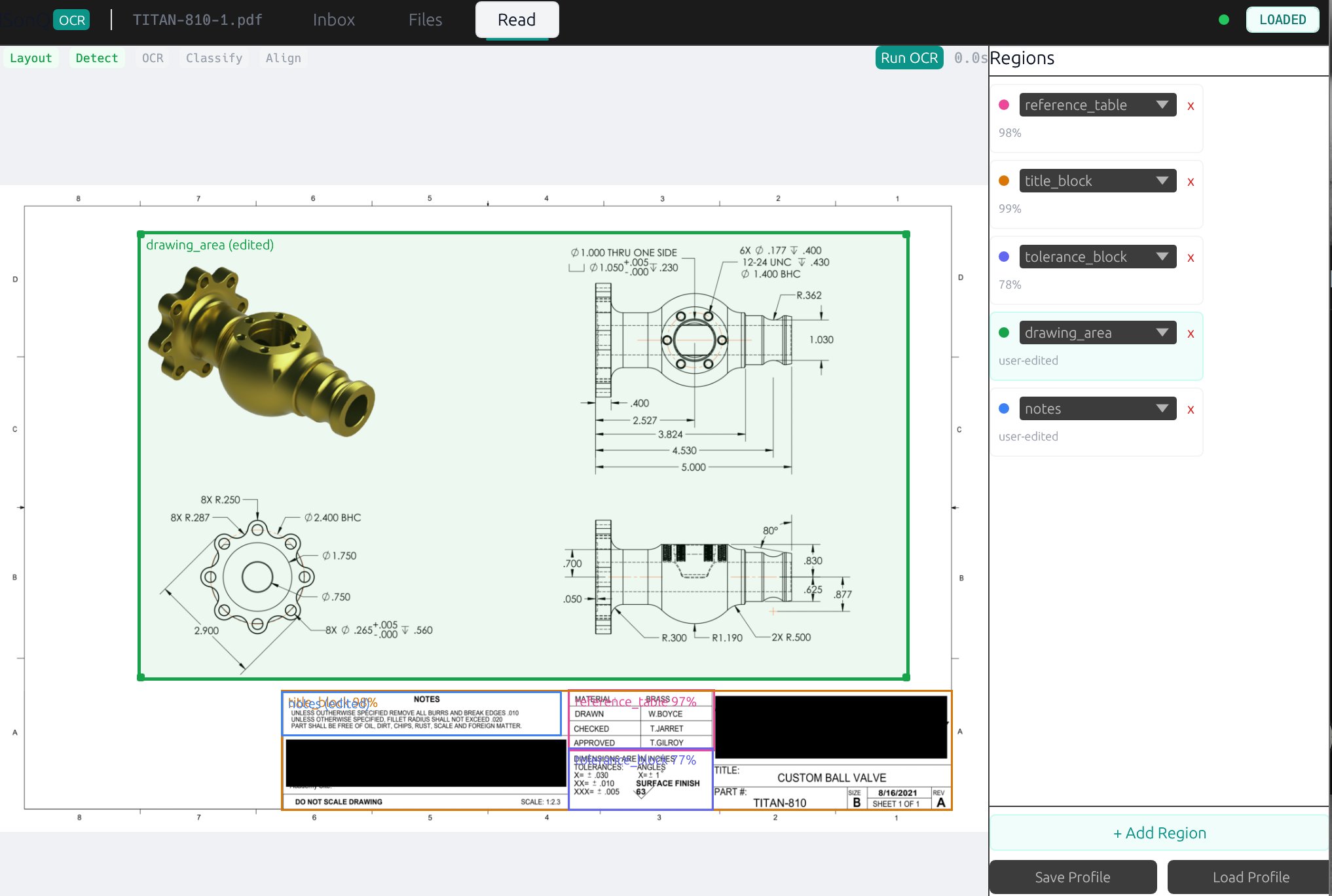 TITAN-810 with all 5 regions classified — title_block, drawing_area, notes, tolerance_block, reference_table