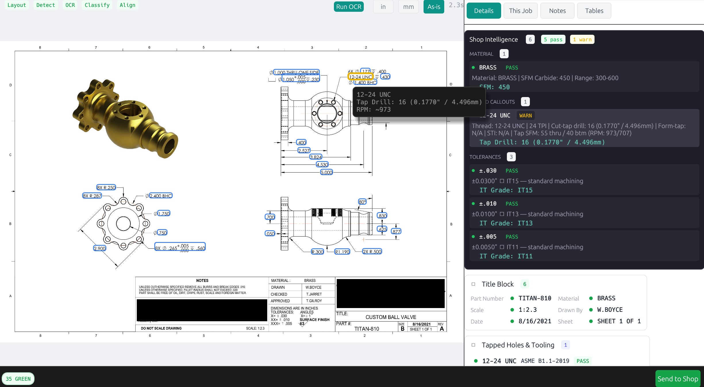 Shop Intelligence panel — material BRASS, 12-24 UNC tap data, IT-grade tolerance verdicts