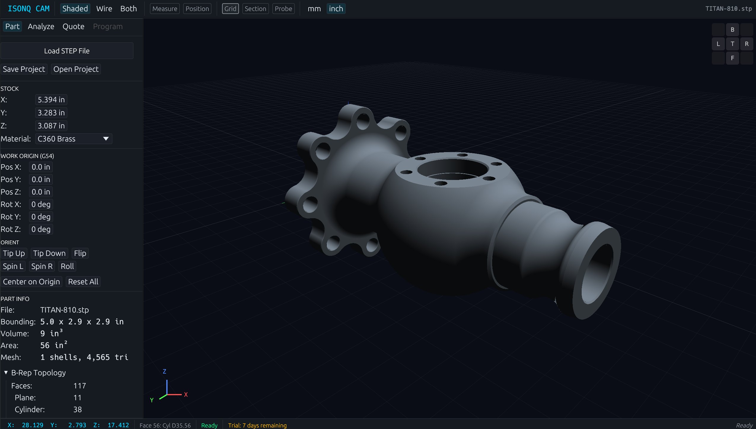 TITAN-810 STEP file loaded — shaded view, Part panel populated