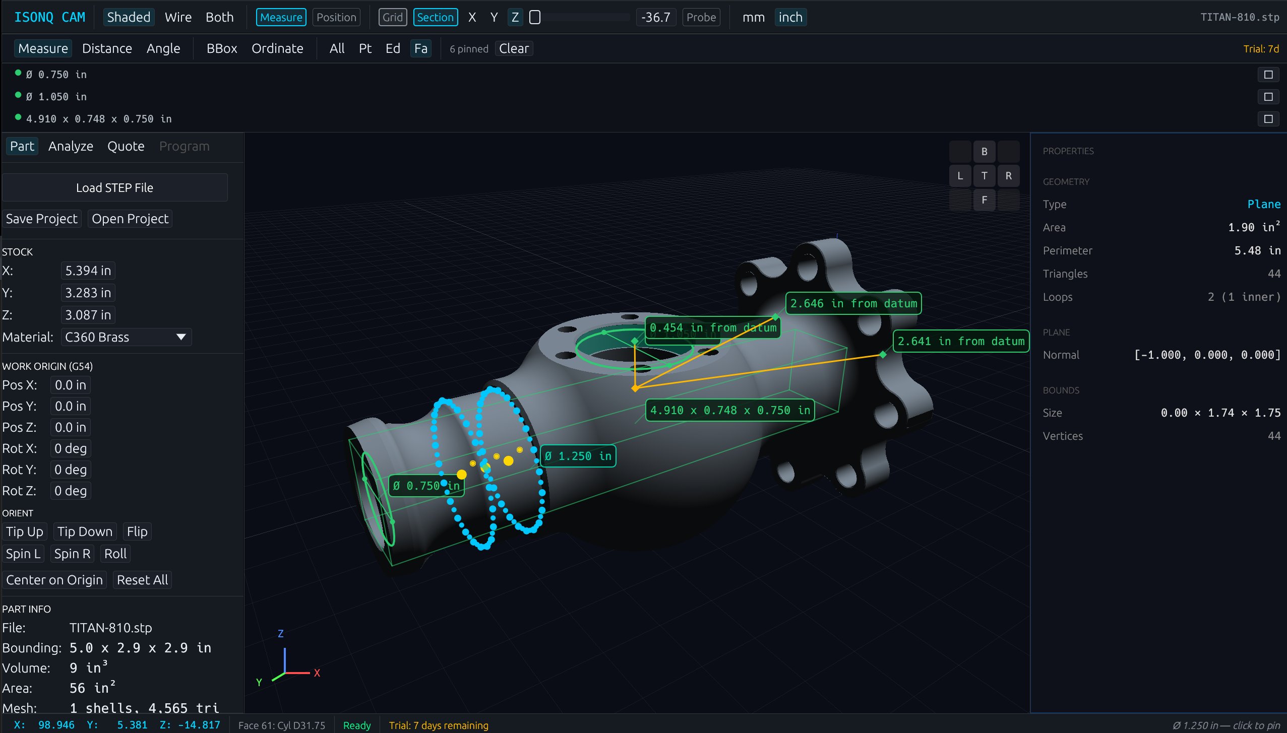 Multiple measurements pinned — Ø.750, 4.910 × 0.748 × 0.750, distance from datum, properties panel populated