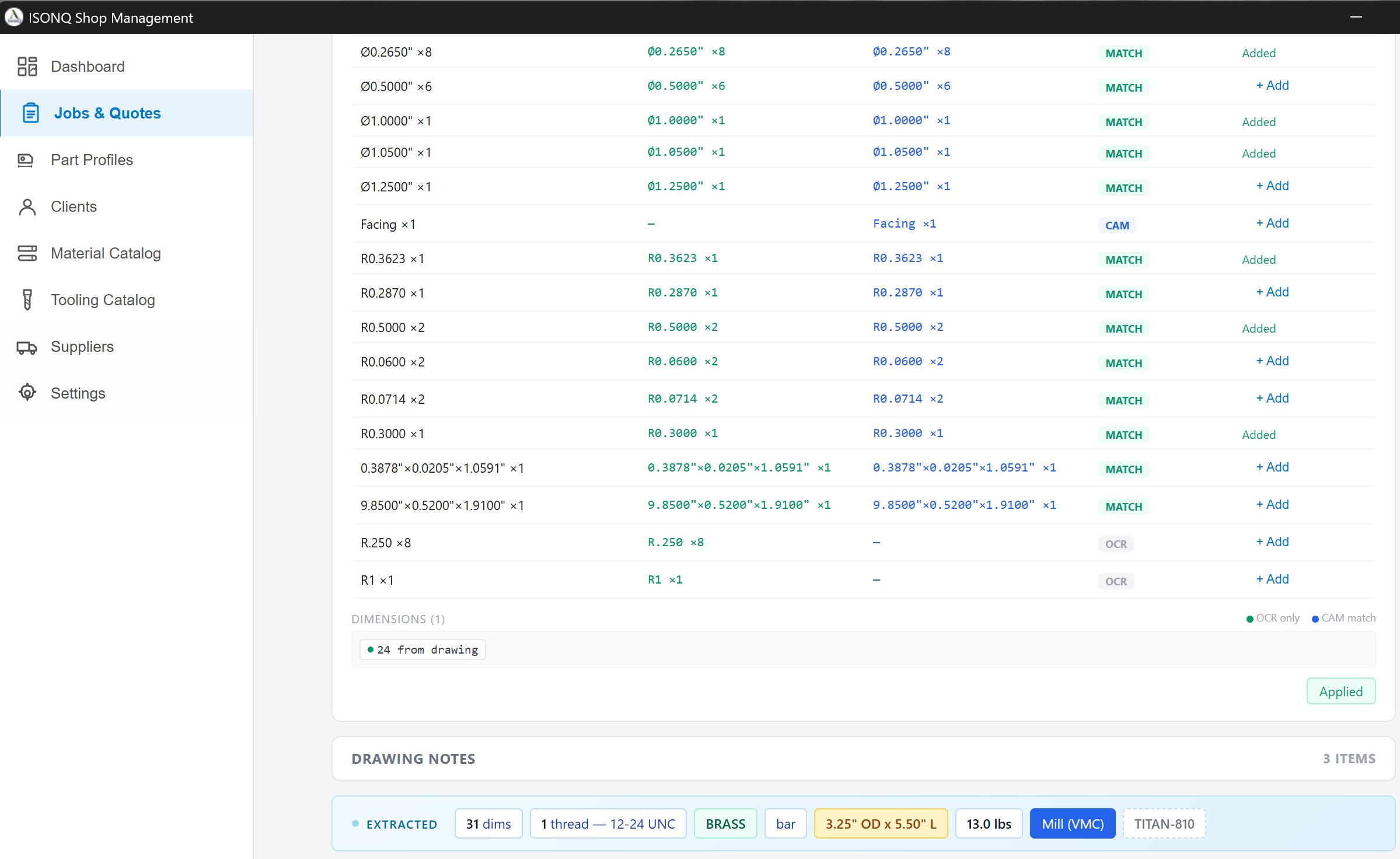 Reconcile view — full match table with OCR / CAM / MATCH source tags