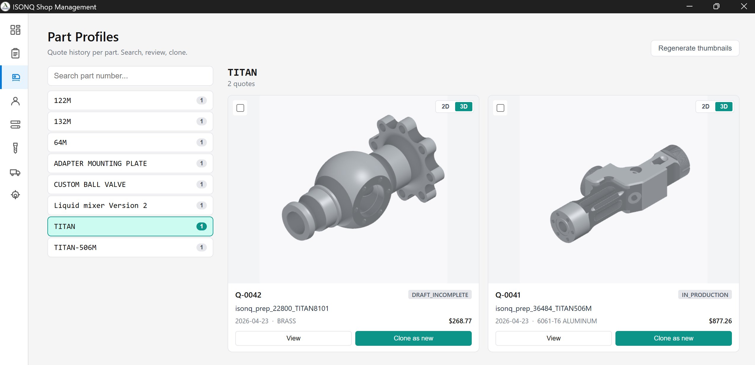 Part Profiles gallery — 3D thumbnails of TITAN-810 and TITAN-506M