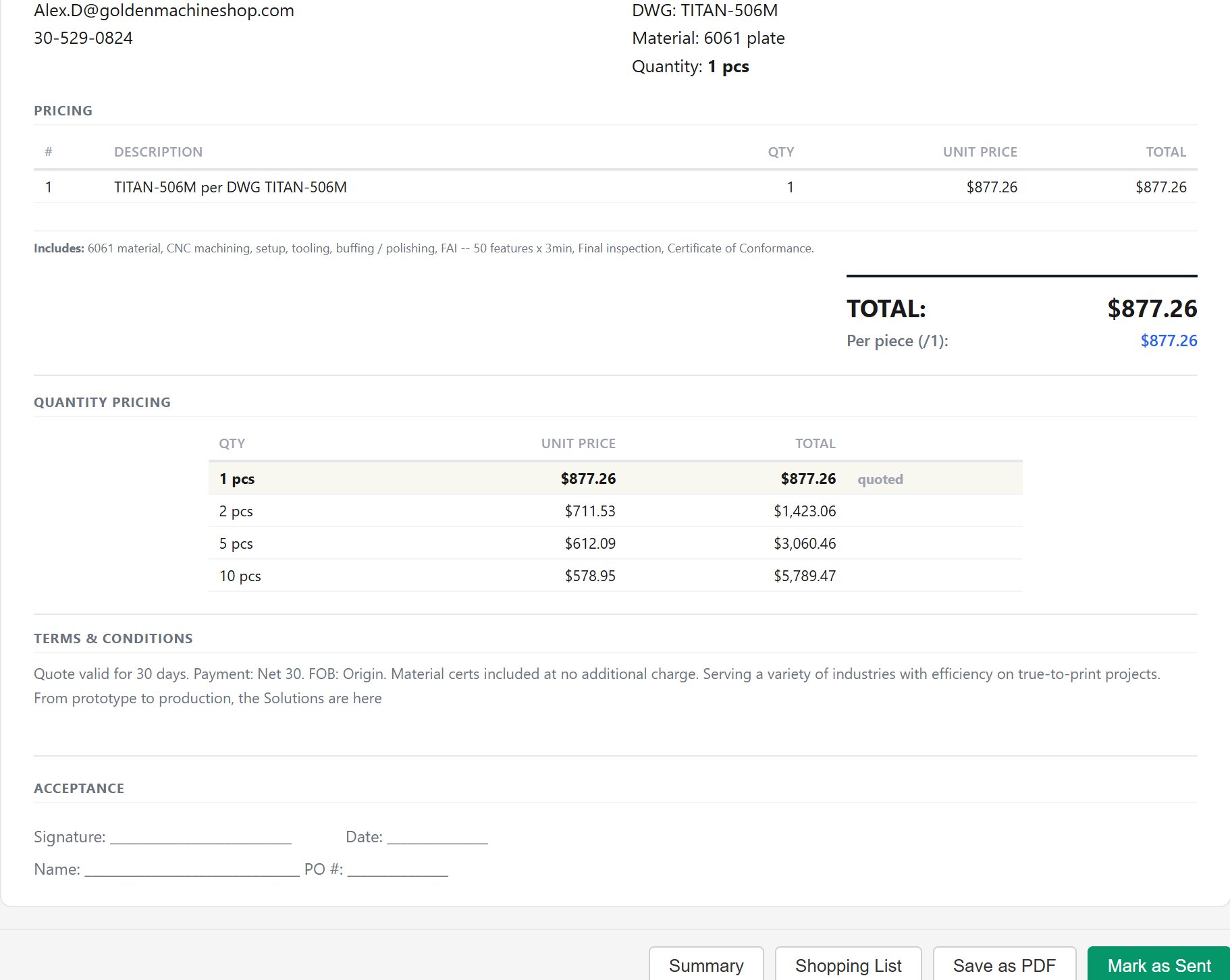 Generated quote document — TITAN-506M, $877.26, quantity pricing breaks, terms