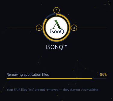 ISONQ uninstaller removing application files at 86 percent, with a note that FAIR files are not removed