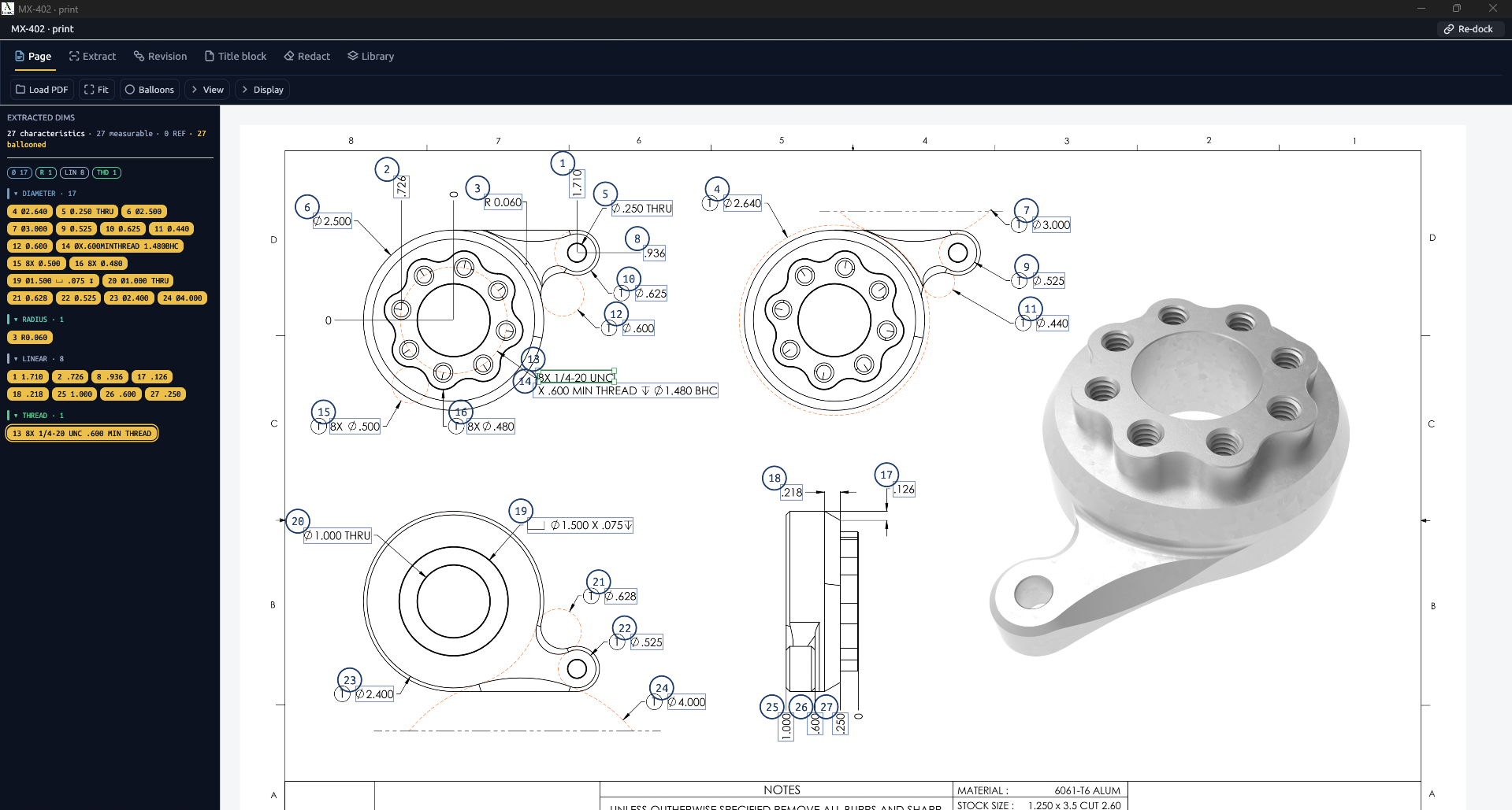 ISONQ 2D print workspace: MX-402 print with 27 ballooned characteristics and the extracted dims panel