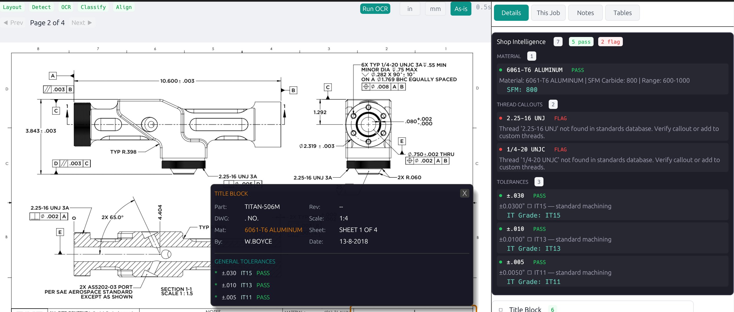 Region detection with shop intelligence — material, thread callouts, tolerances, title block verdicts