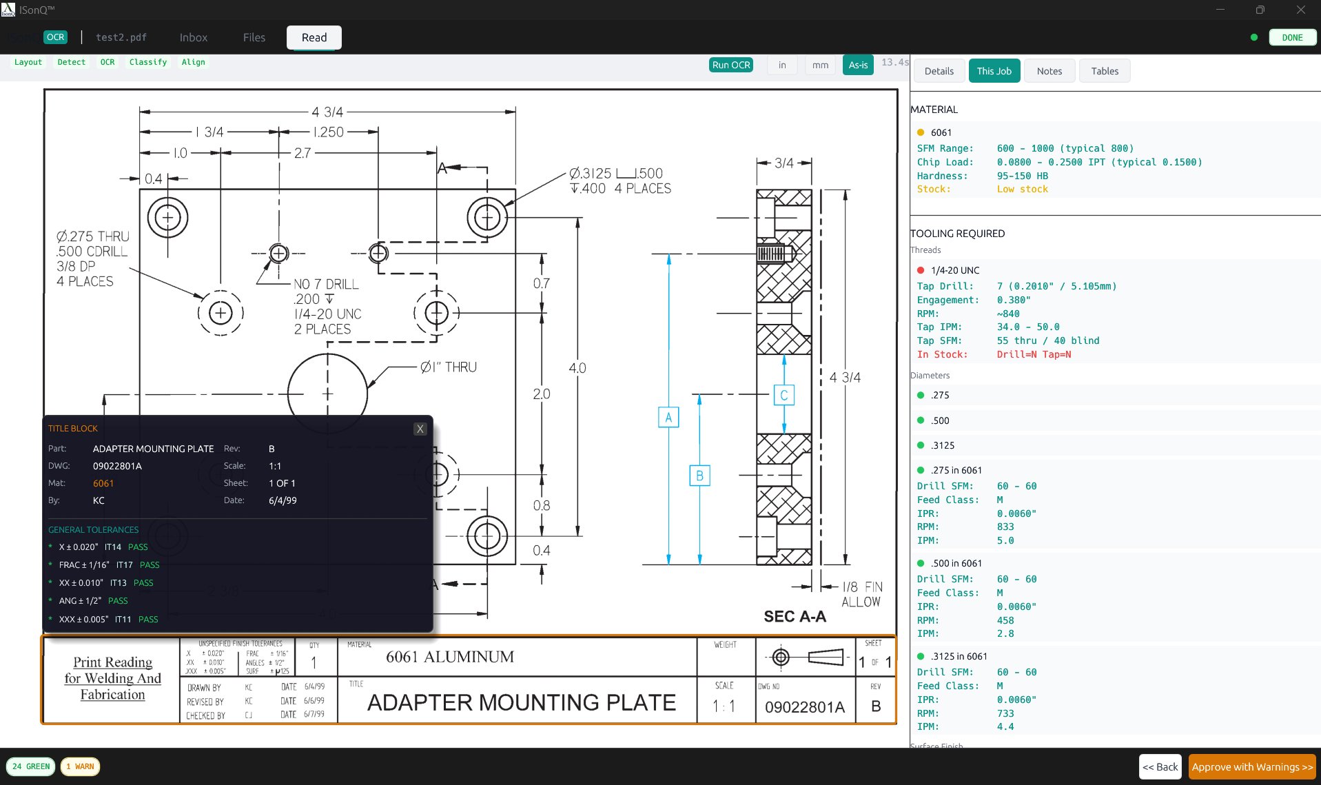 This Job tab with title block floater and machining data