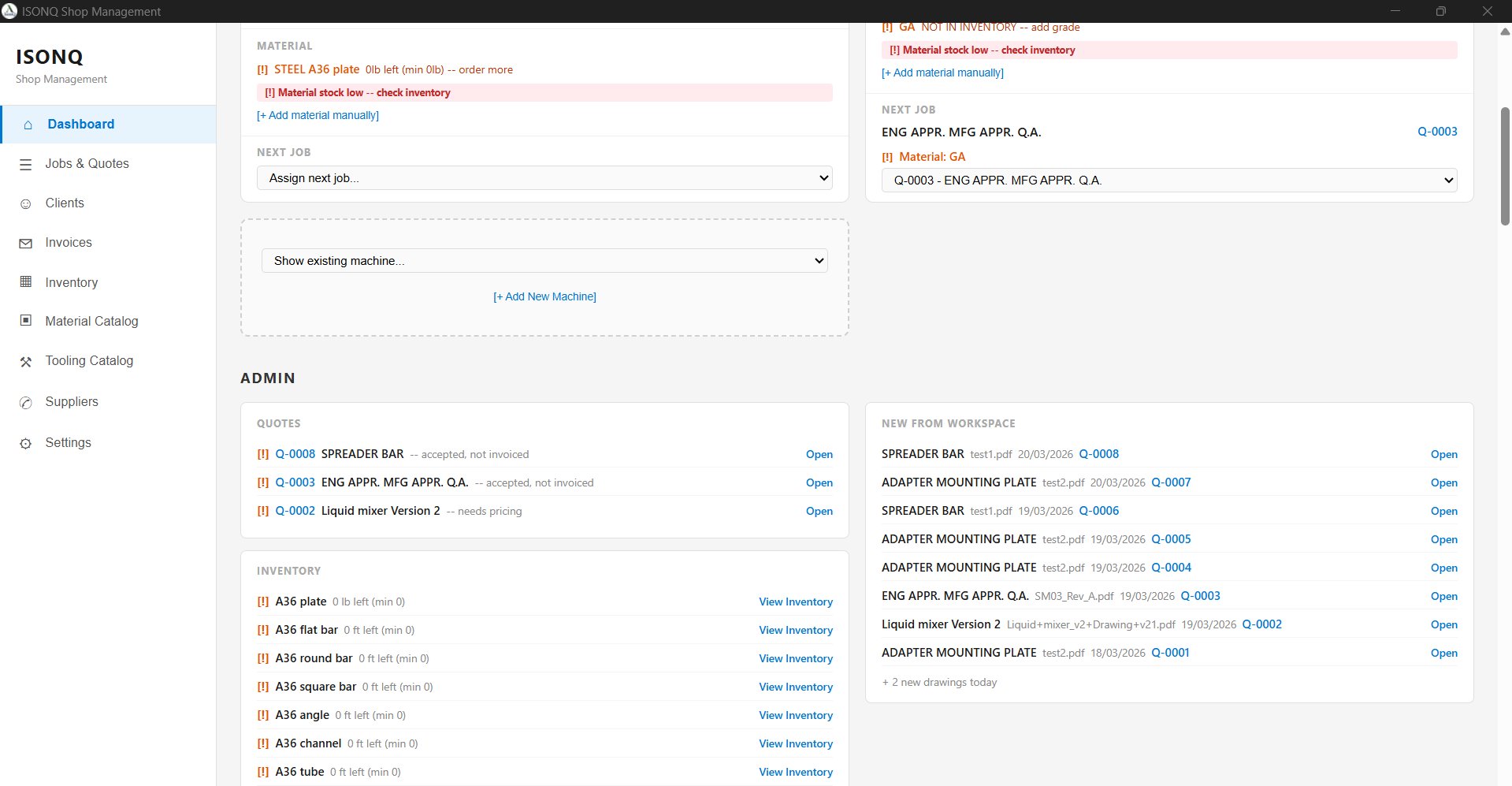 Admin dashboard — quotes, inventory, workspace feed