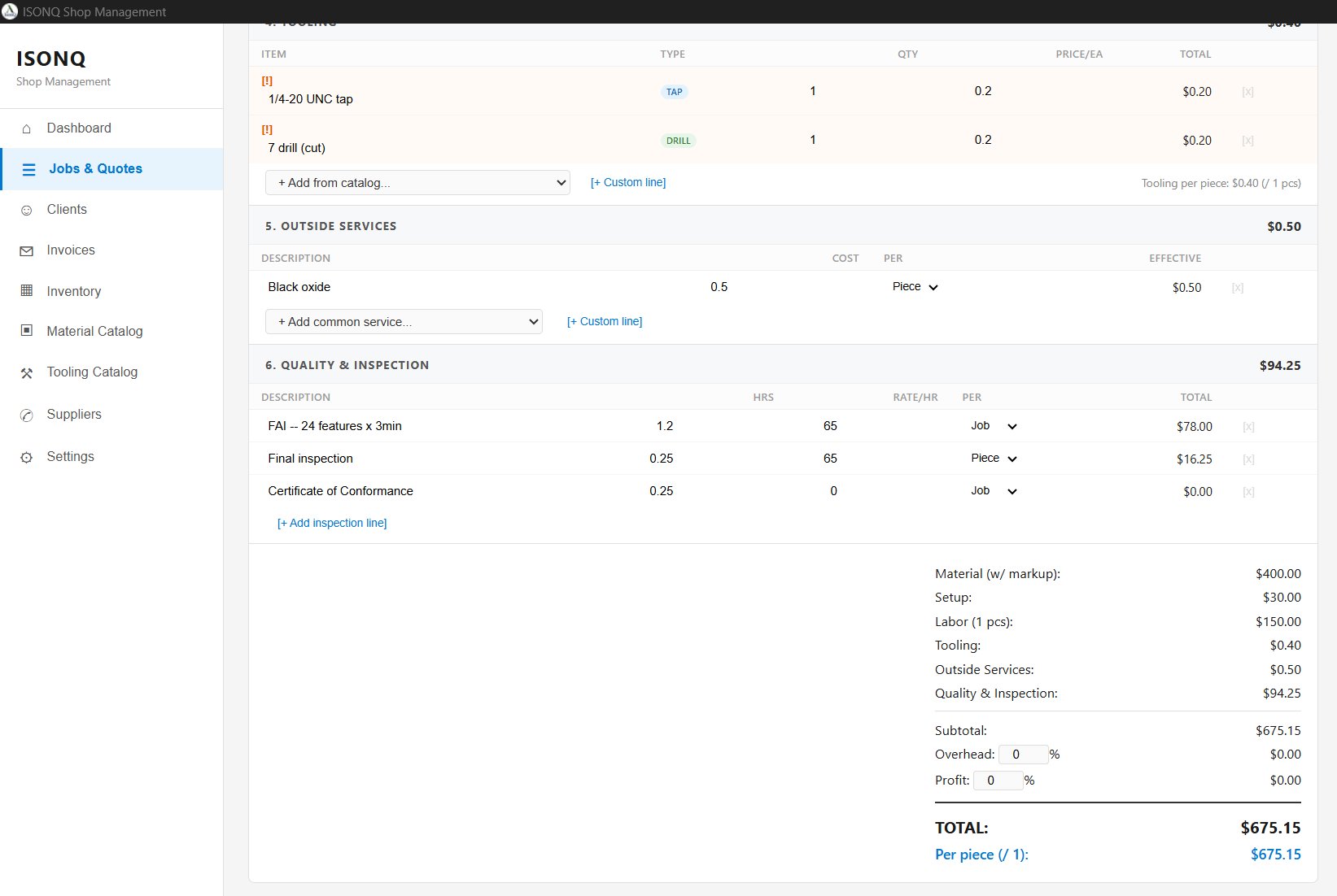Estimate builder — tooling, services, inspection, totals