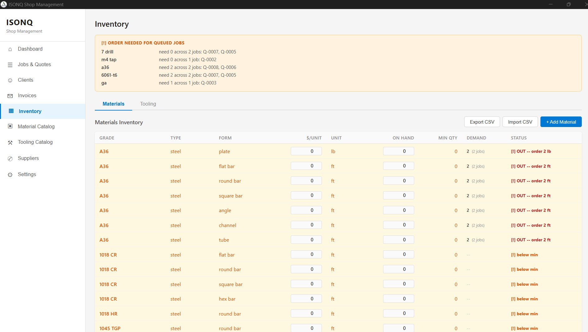 Inventory — materials with demand and order signals