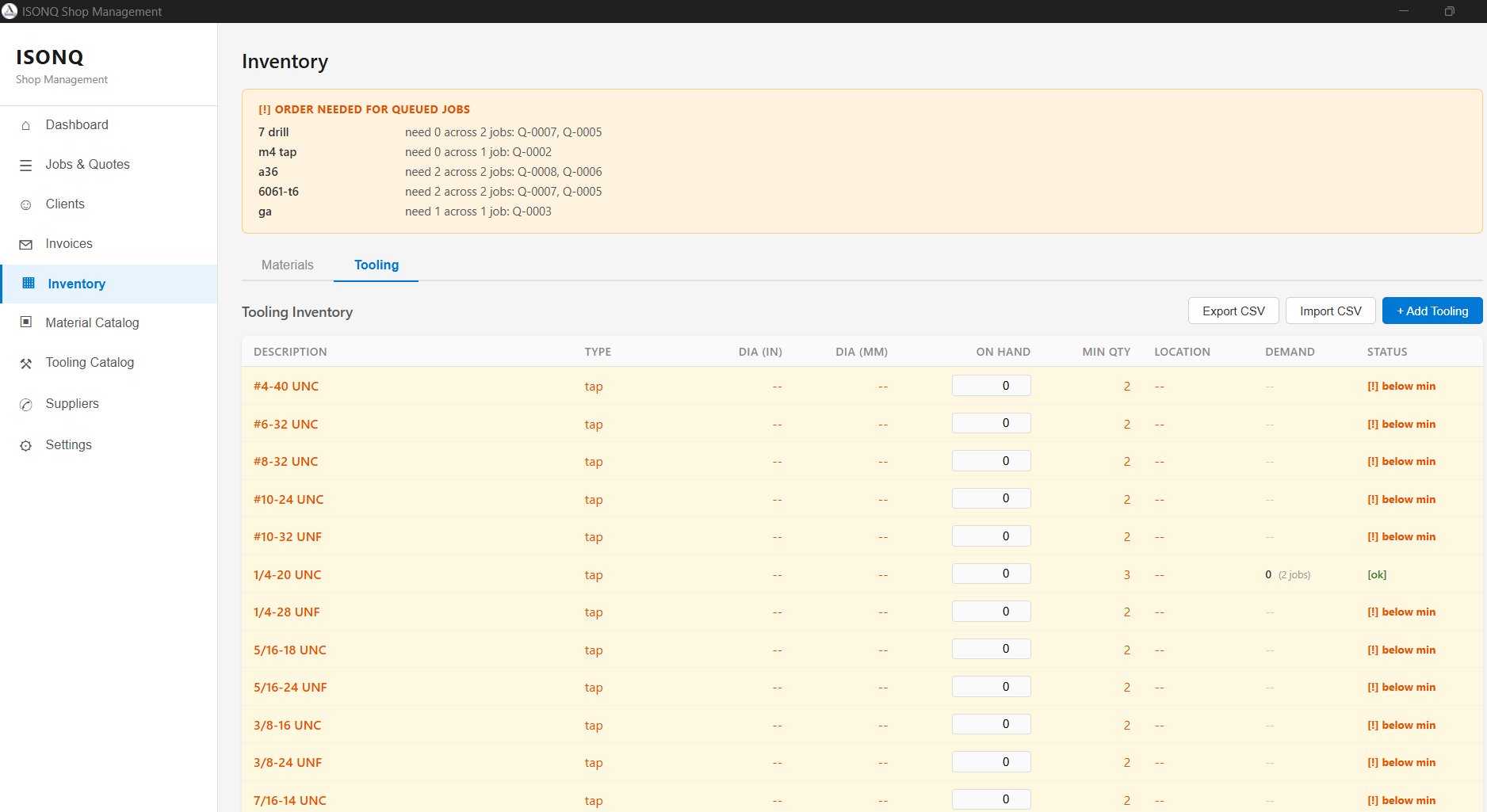 Inventory — tooling with below-min alerts