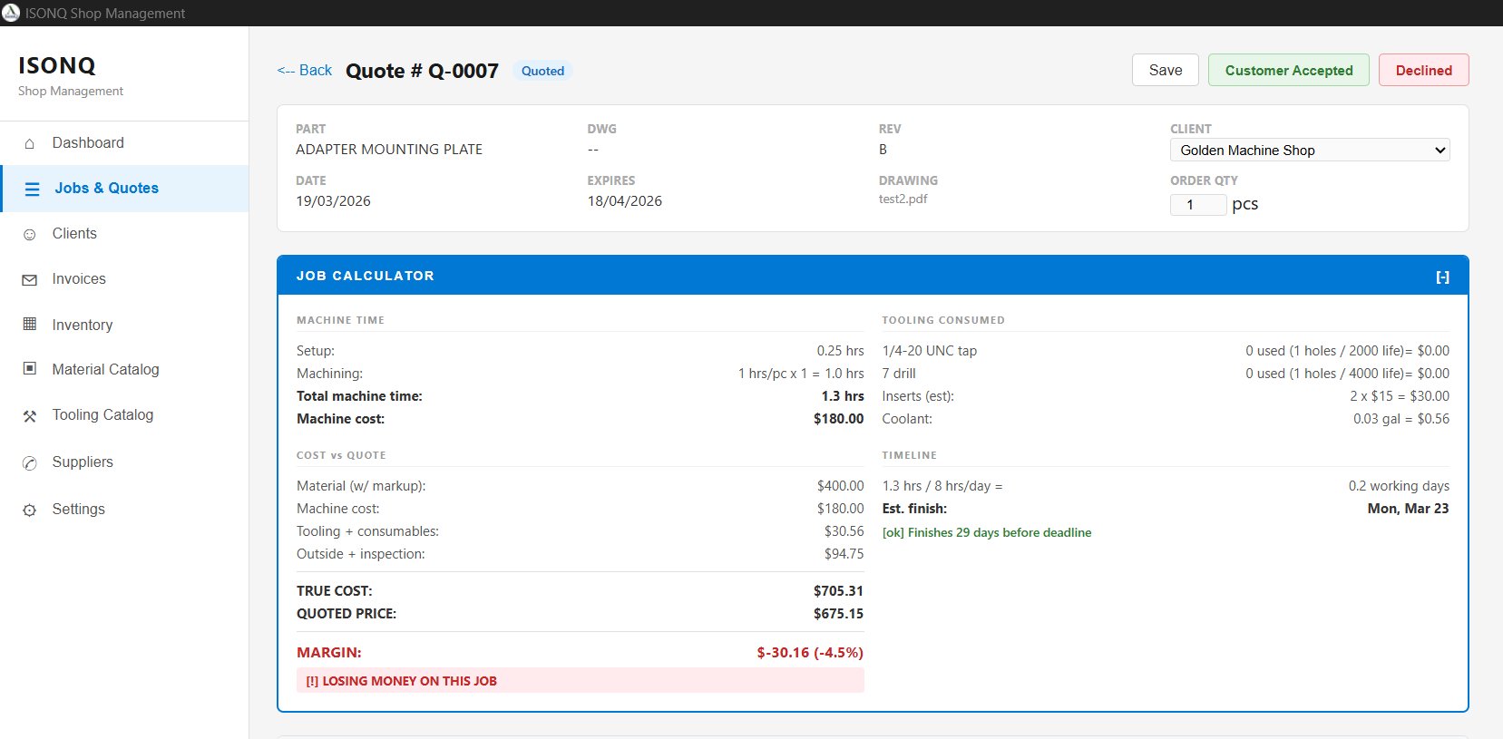 Job Calculator with margin and loss warning