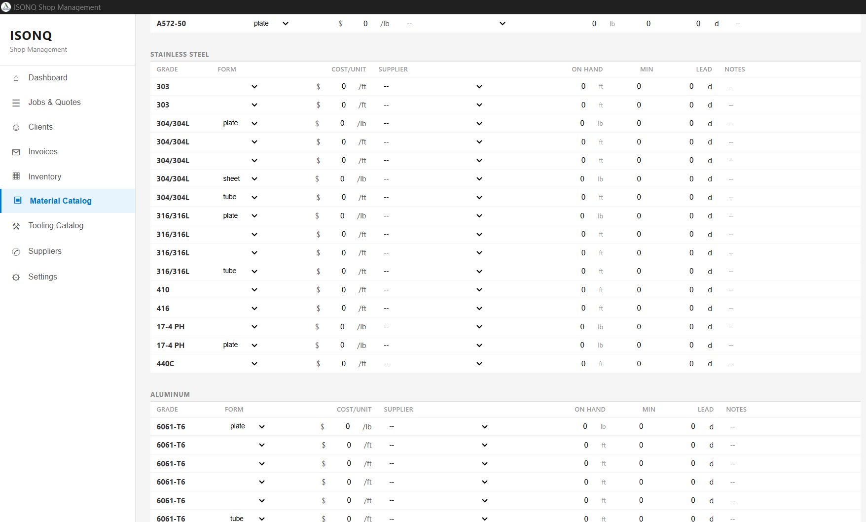 Material Catalog — grades, forms, pricing, suppliers