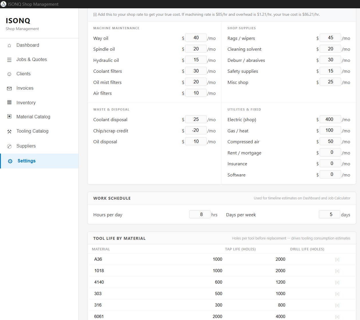 Settings — overhead, consumables, work schedule, tool life