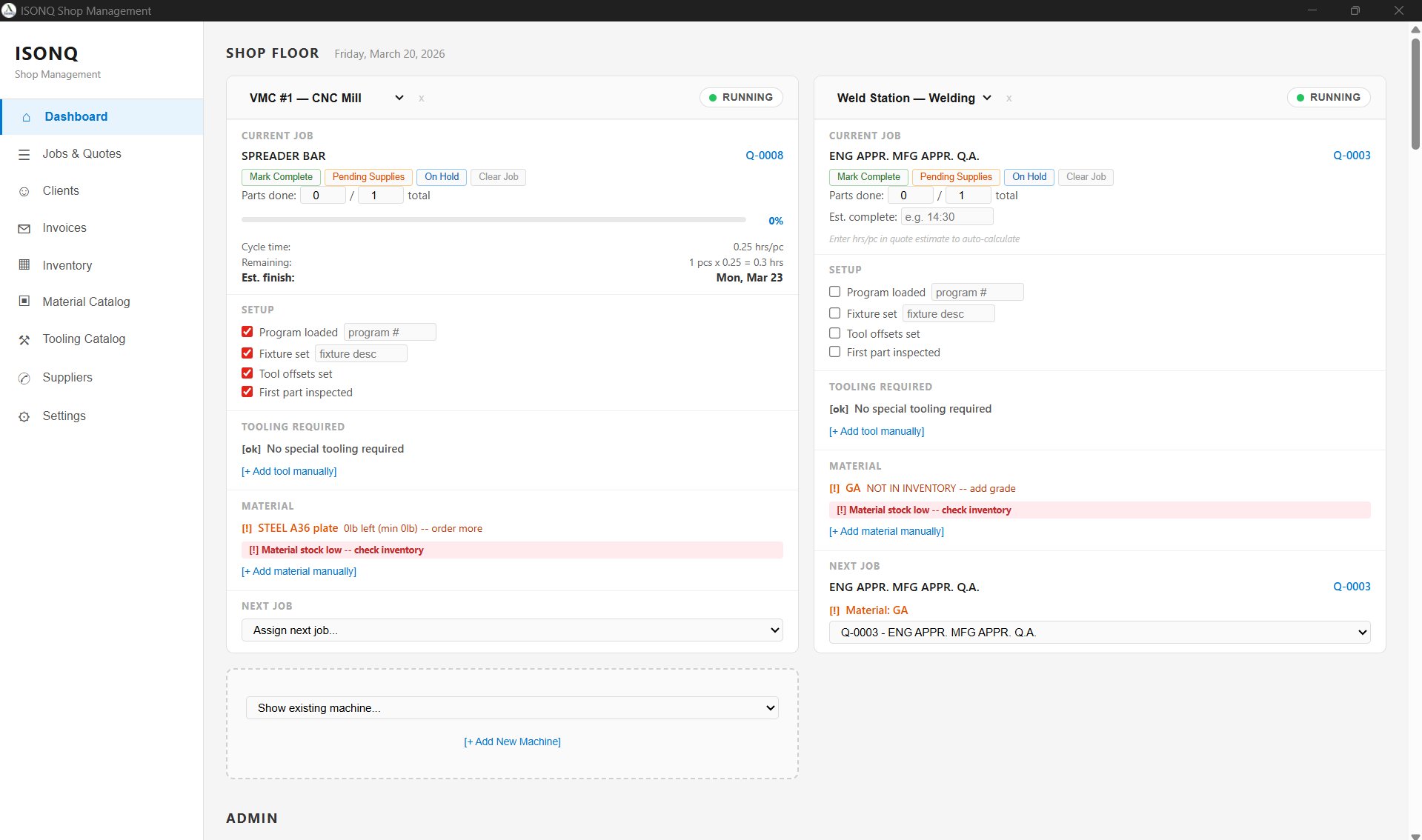 Shop floor — machine cards with setup, tooling, material, next job