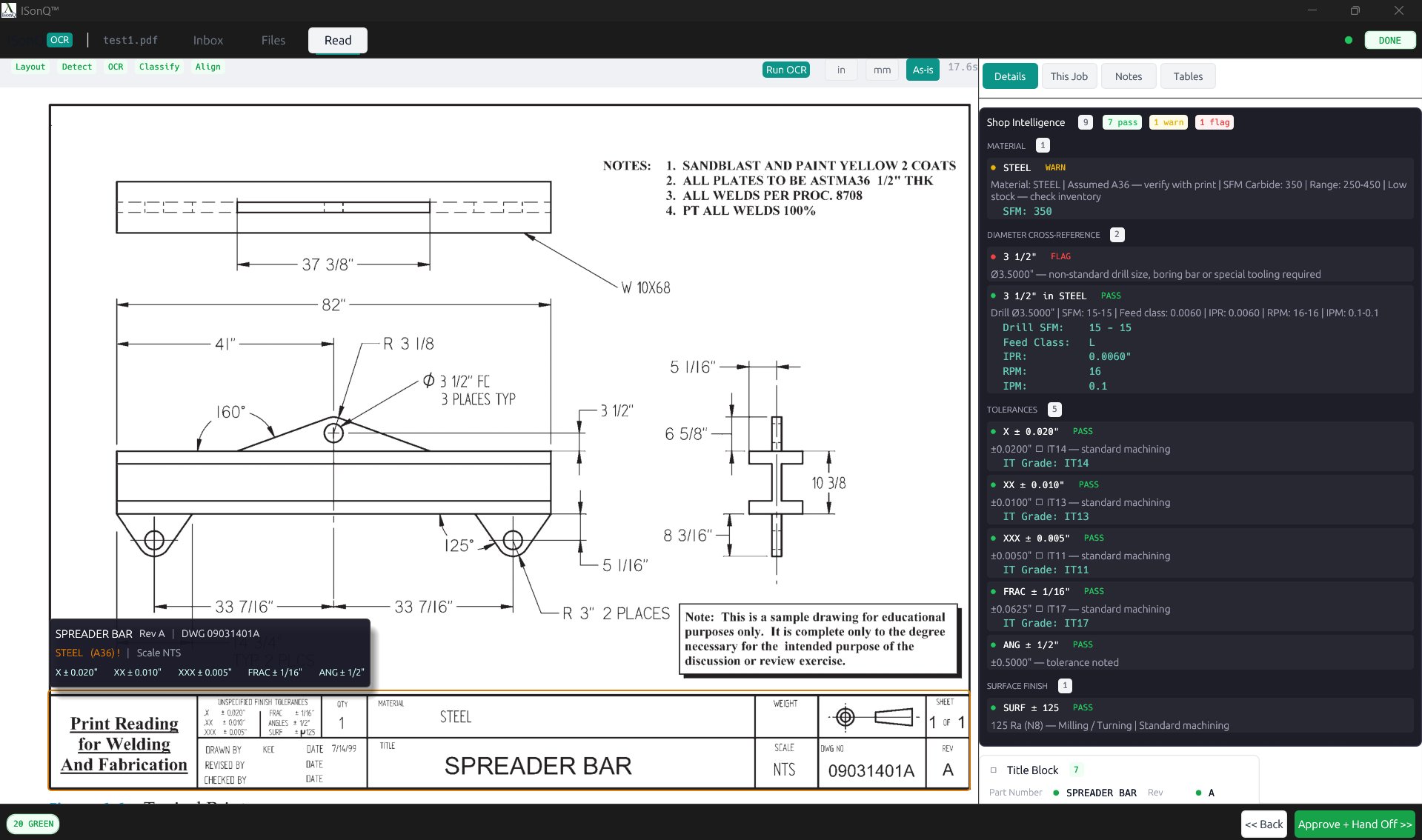 Details tab — shop intelligence, tolerances, drill cross-reference