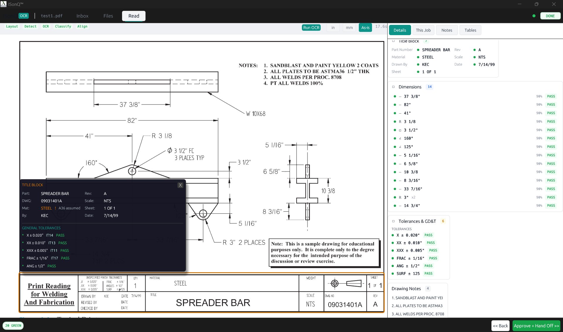 Details tab — title block floater, dimensions, tolerances and GD&T