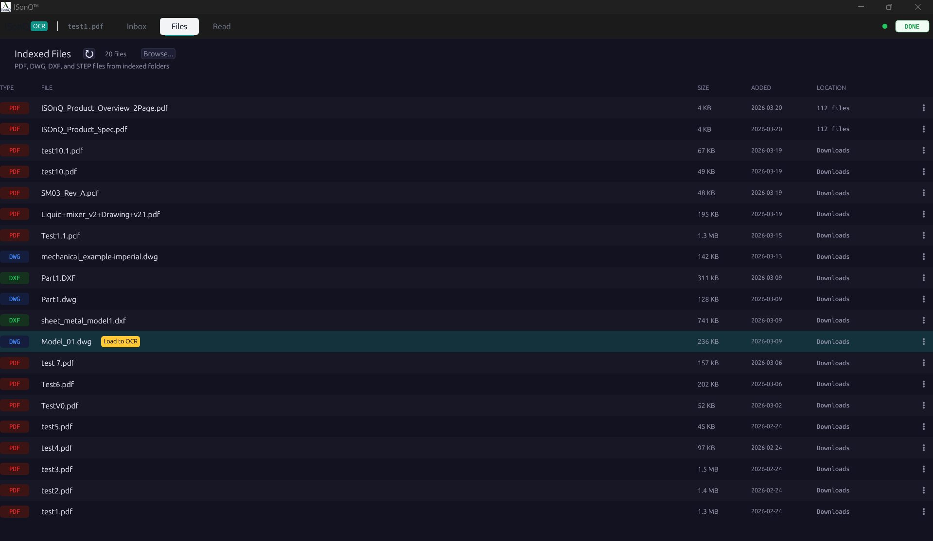 Indexed Files — PDF, DWG, DXF, STEP from monitored folders