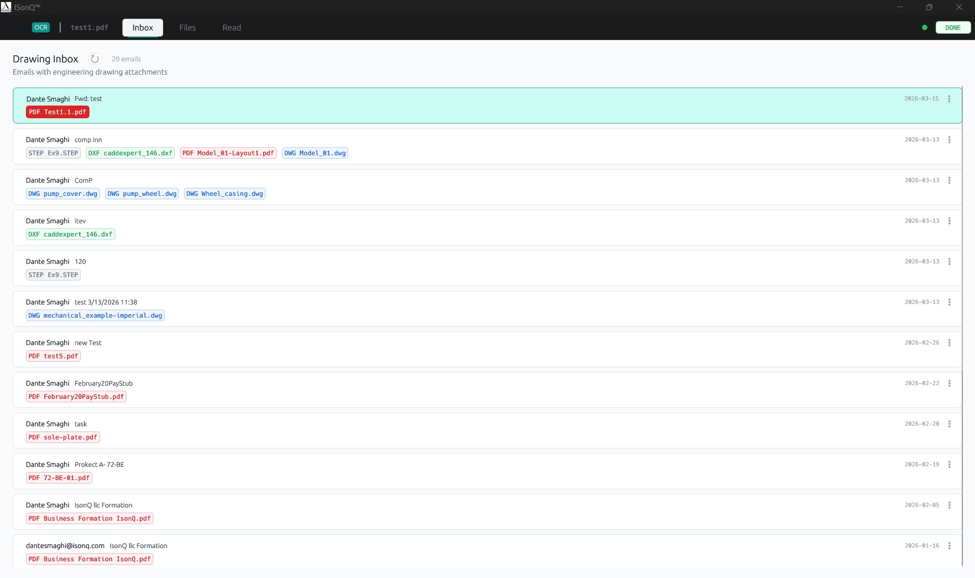 Drawing Inbox — emails filtered to PDF, DXF, DWG attachments only