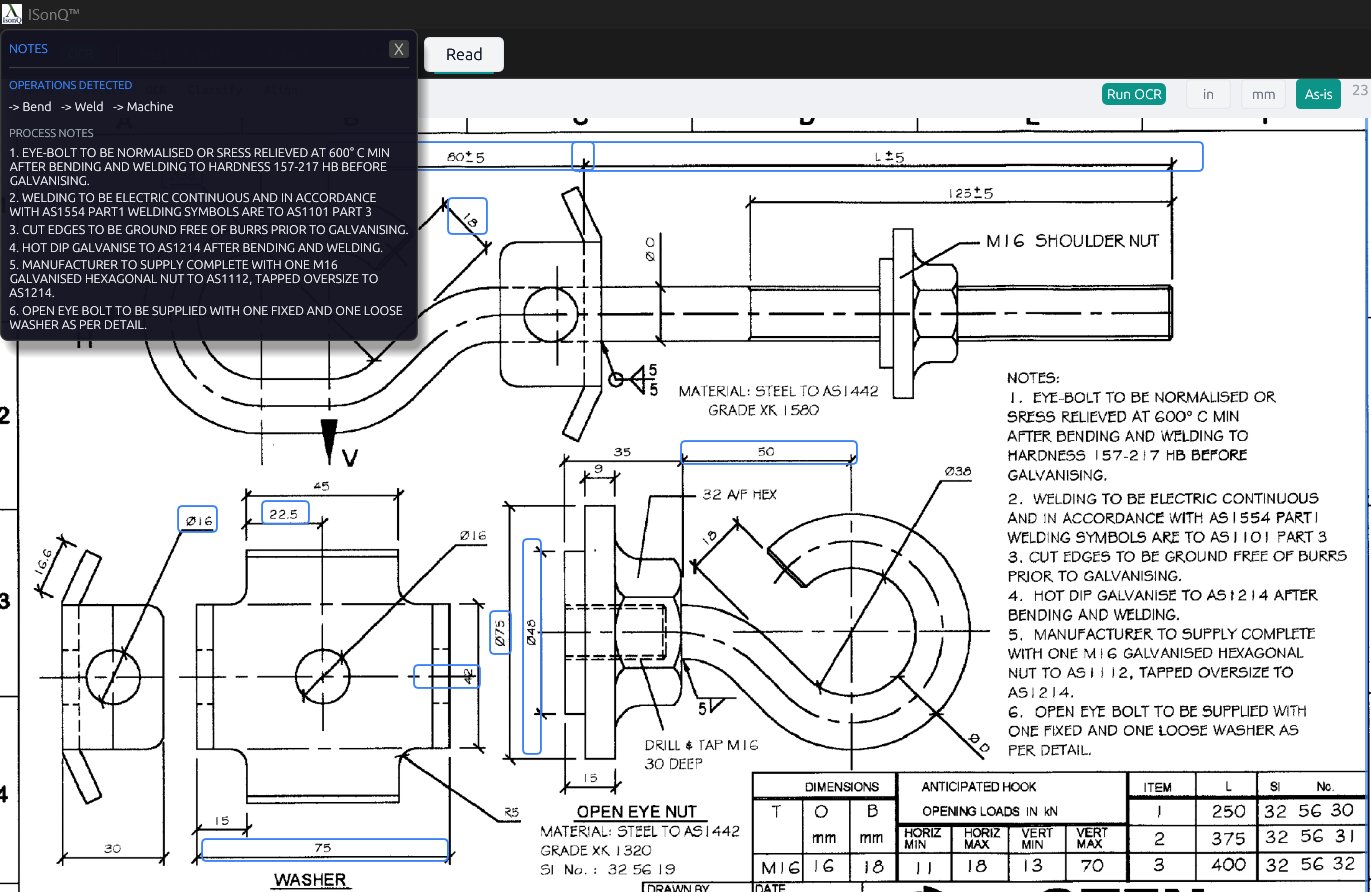 Notes tab — bend, weld, machine operations detected