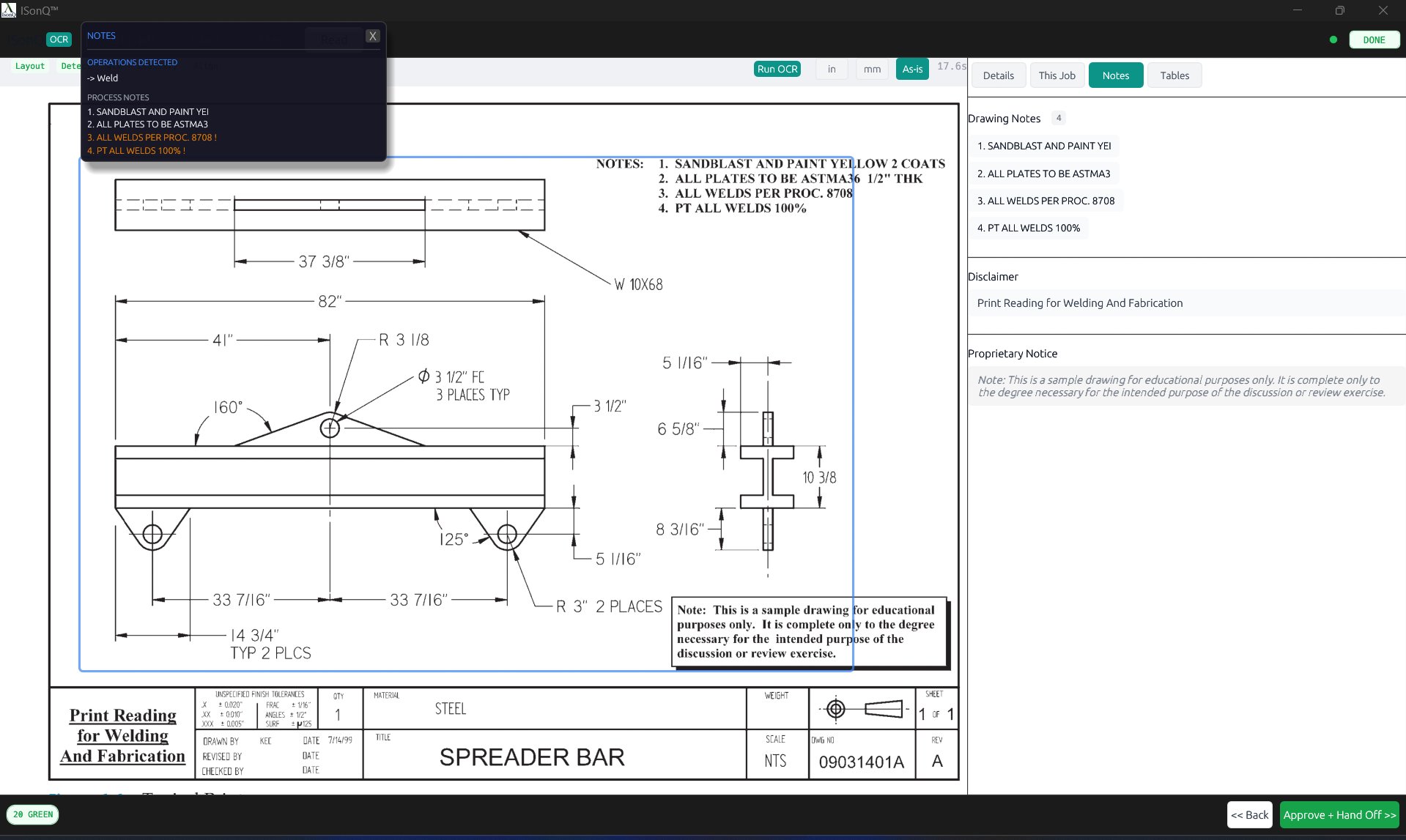 Notes tab — weld detection, process notes, operations floater