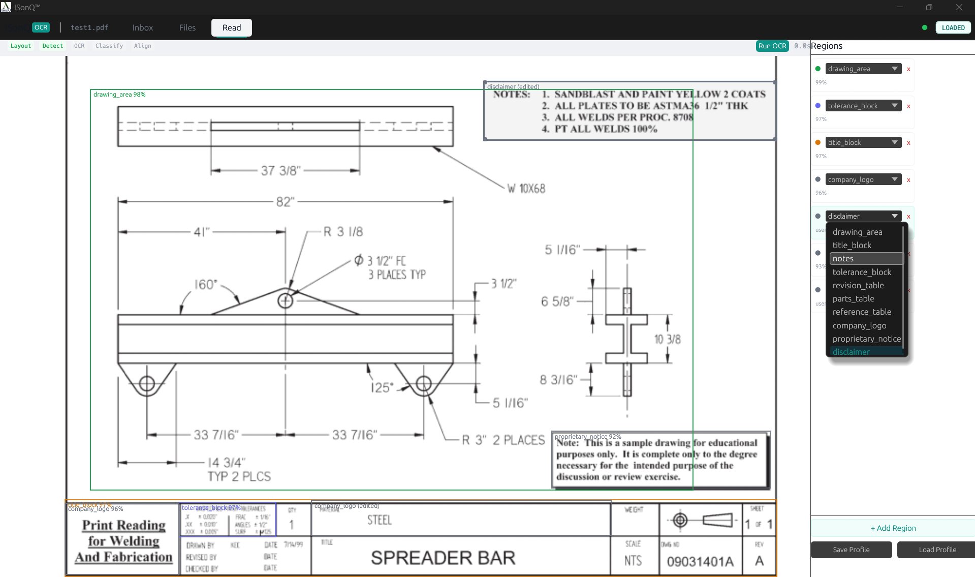 Region editing — label dropdown with classification options