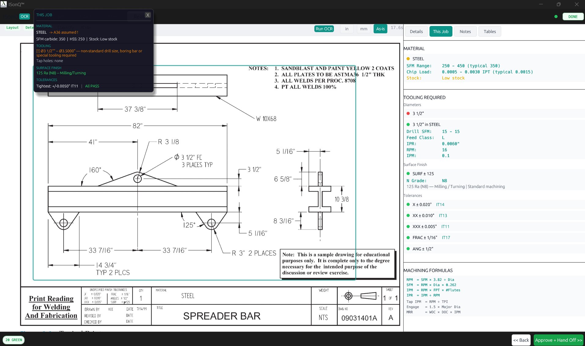 This Job tab — tooling, SFM, RPM, machining formulas